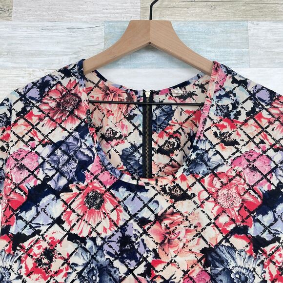 Japna Floral Grid Print Woven Top Pink Blue Exposed Back Zipper Casual Womens XS - Picture 2 of 5